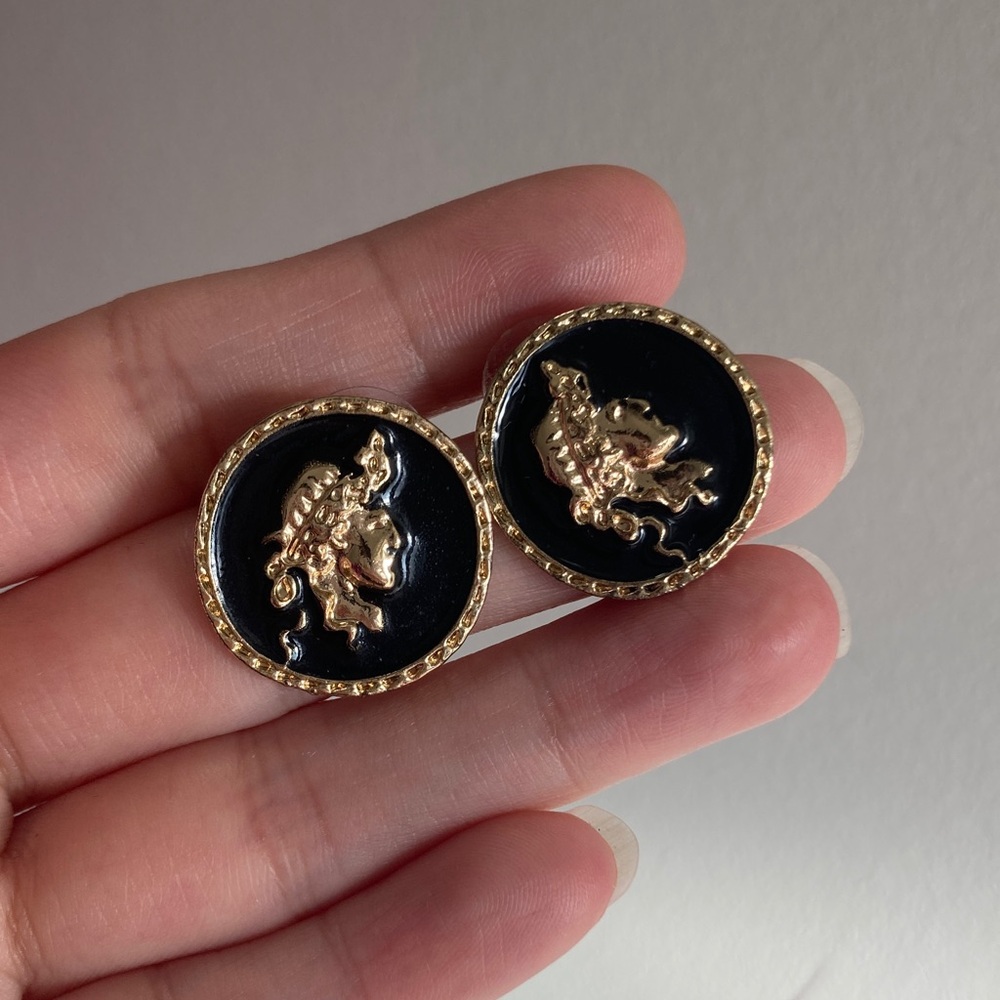 Gold and Black Medallion Earrings
